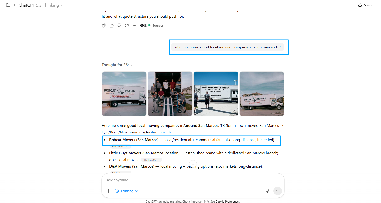 Bobcat Movers ranking #1 in ChatGPT